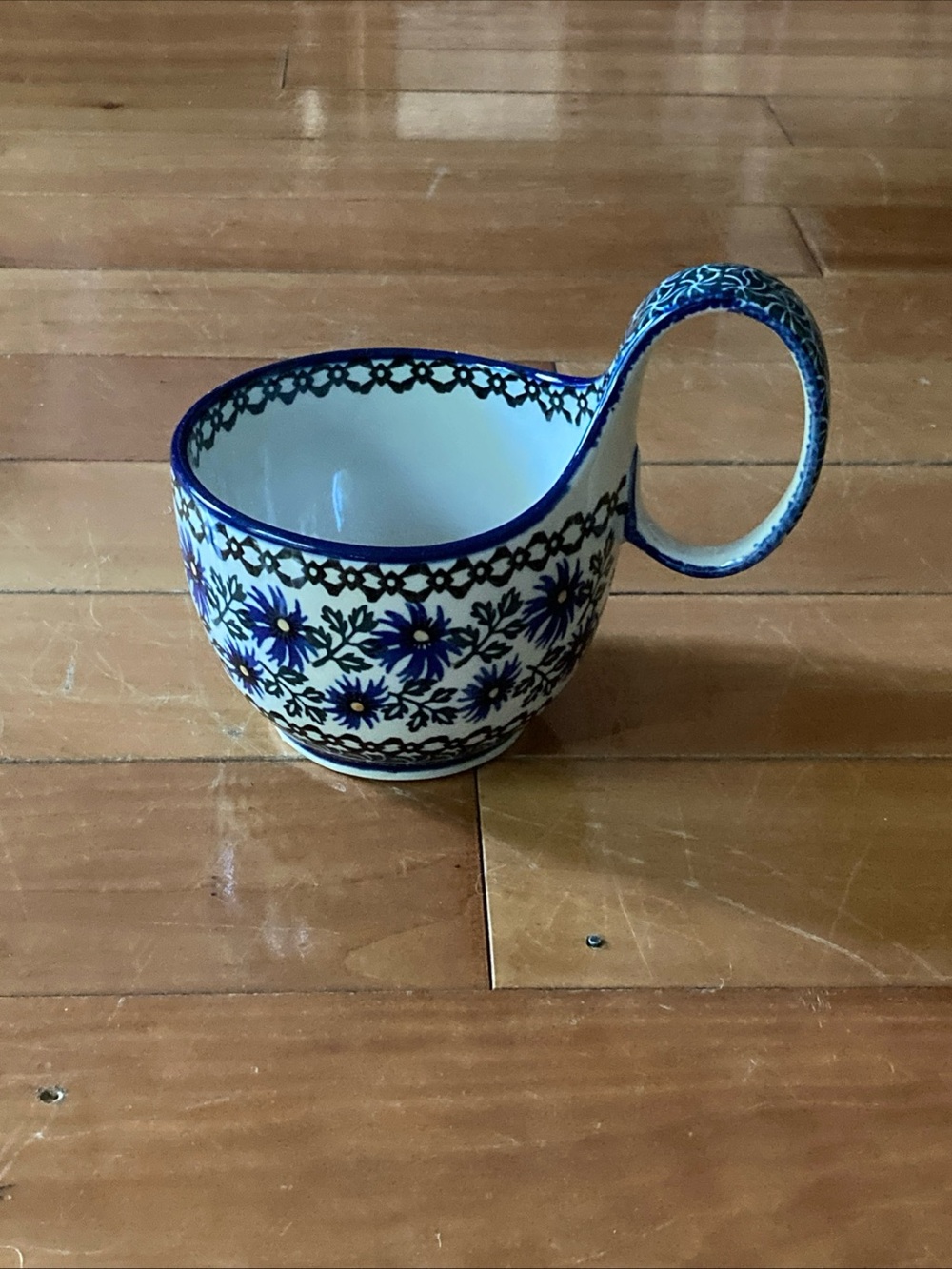 Polish pottery andBlue Floral Ceramic Loop-Handle bowl hand made in Poland 4”